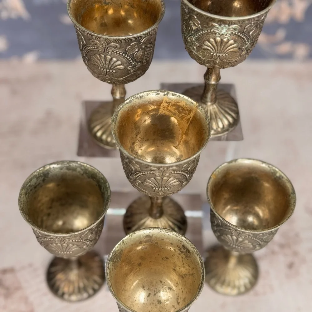 Set of 6 Vintage Silver Plated Goblets Ornate Floral Japan